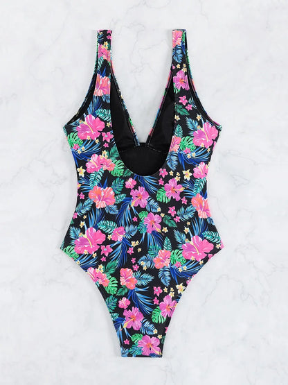 Strappy Printed Swimsuit Women One Piece Plunging Stitch Swimwear Female Bathers Bodysuit Bathing Swimming Suit Beachwear