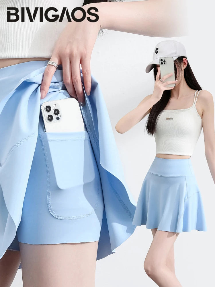 Sports Short Skirt Women's High Elastic Sharkskin Fabric Mini Tennis Yoga Skirts Pocket Safety Shorts Skirt