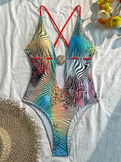 Colorful Gradient One Piece Swimwear Women Metal Shell V Neck Back Cross Holiday Swimsuit Summer Bathing Suit Monokini