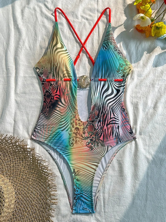 Colorful Gradient One Piece Swimwear Women Metal Shell V Neck Back Cross Holiday Swimsuit Summer Bathing Suit Monokini