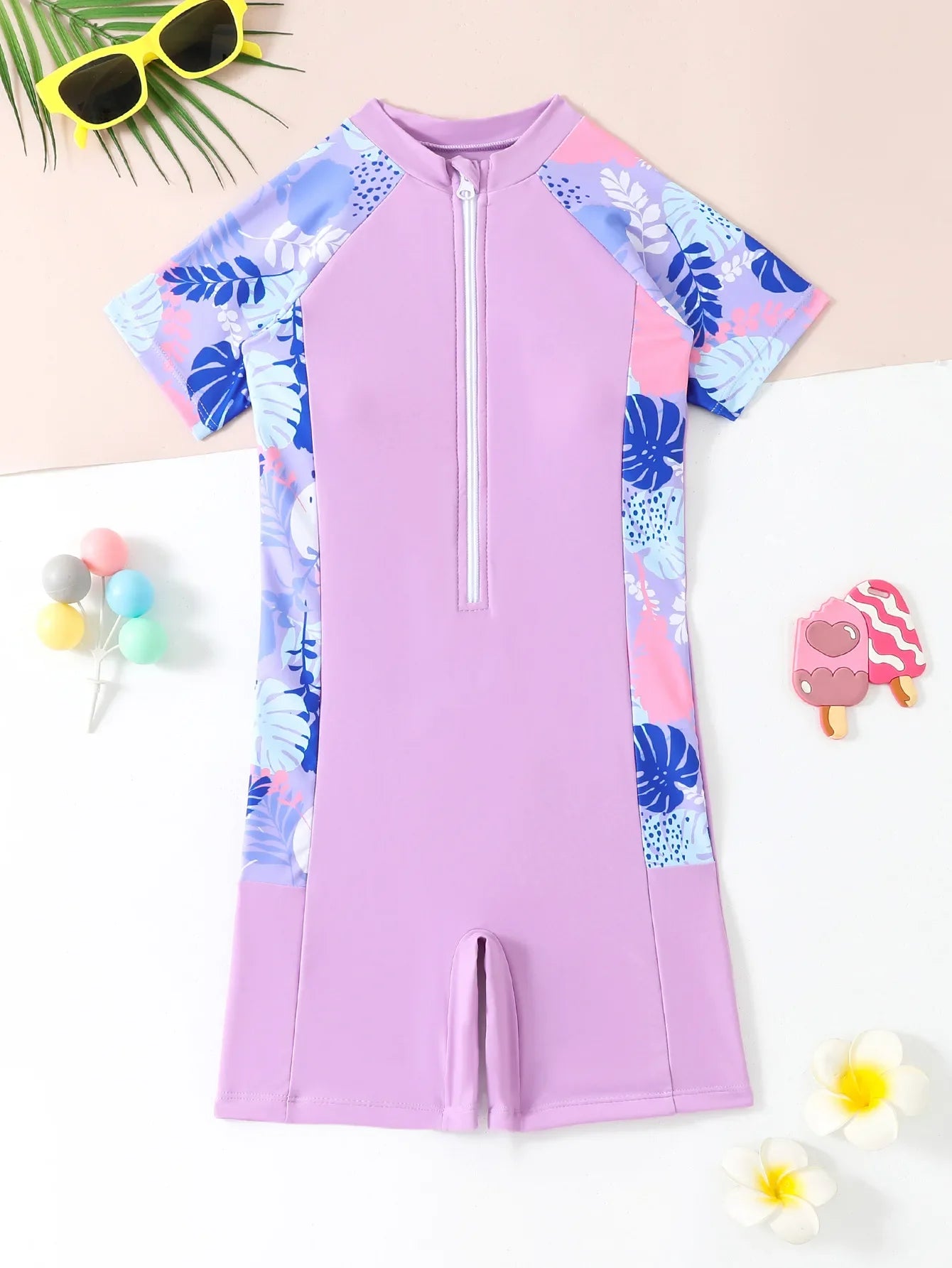 Kids Girls One Piece Swimsuit Short Sleeve Swimwear Boyleg Sports Rash guard Shorty Children Surfing Suits 7-12 Years Jumpsuit