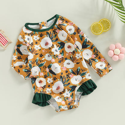 0-4Y Toddler Baby Girl Swimsuit Romper 4 Colors Flower Print Long Sleeve Ruffle Bikini Bathing Suit