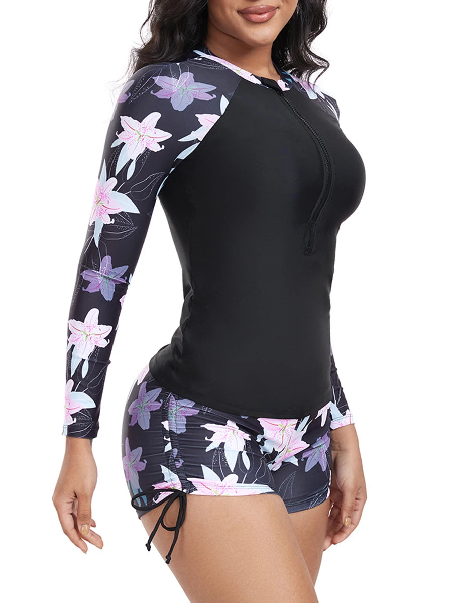 Floral Long Sleeve Surfing Swimsuit Women Two Pieces Zipper Swimwear Female Bathers Bathing Swimming Swim Suit Beachwear