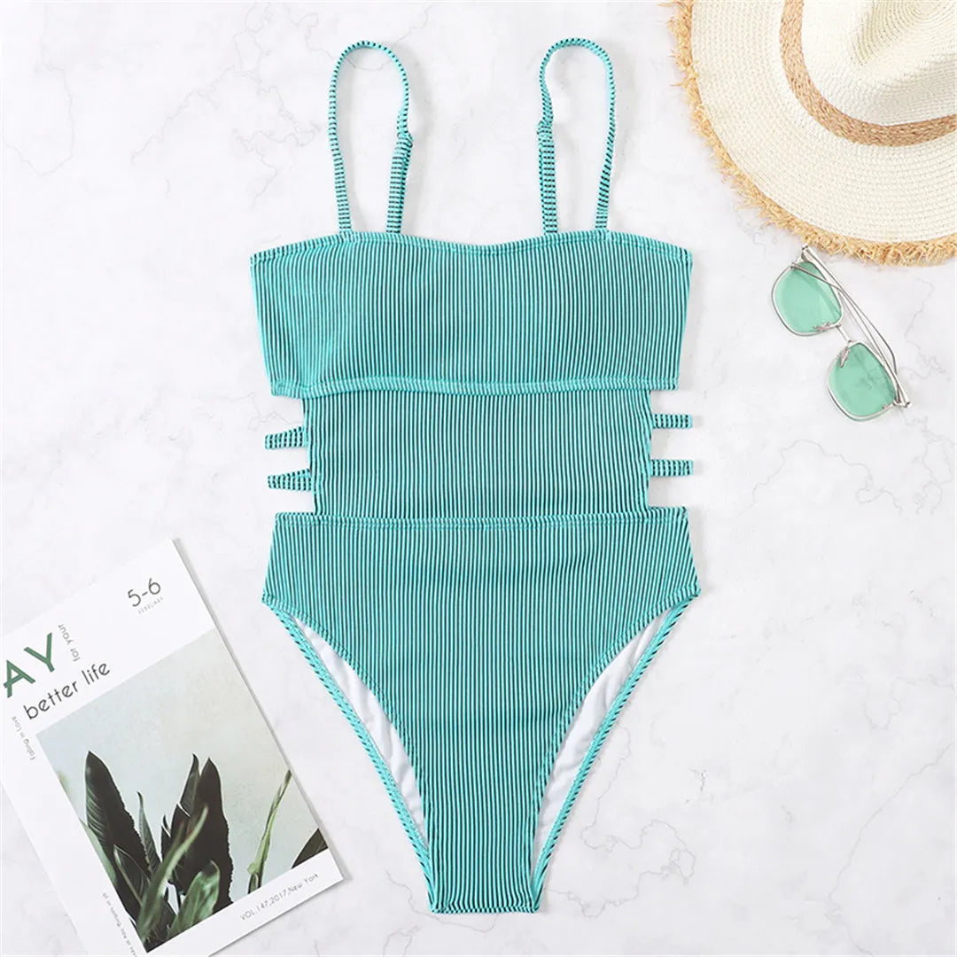 S - XL 11 Colors Ribbed Cut Out One Piece Swimsuit Women Swimwear Female High Leg Cut Padded Bather Bathing Suit Swim Lady