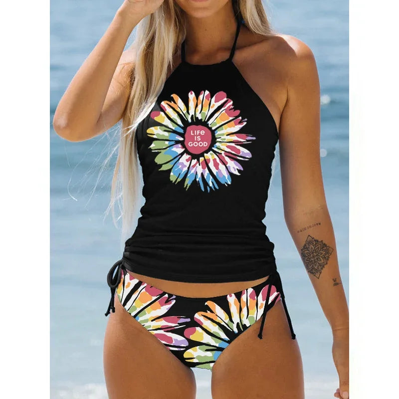 Women's Bathing Suit Coconut Drawstring Side Halter Neck Tankini Set Beach Wear Cute Swimwear Fashion Split Swimsuit