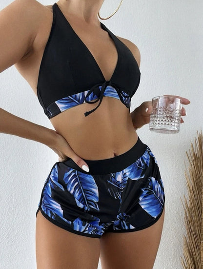 Women Tankini Bikinis 6 Colors Halter Bikini 3 Piece Set Leaf Print High Waisted Swimsuit Beach Bathing Suit Size S-XXL