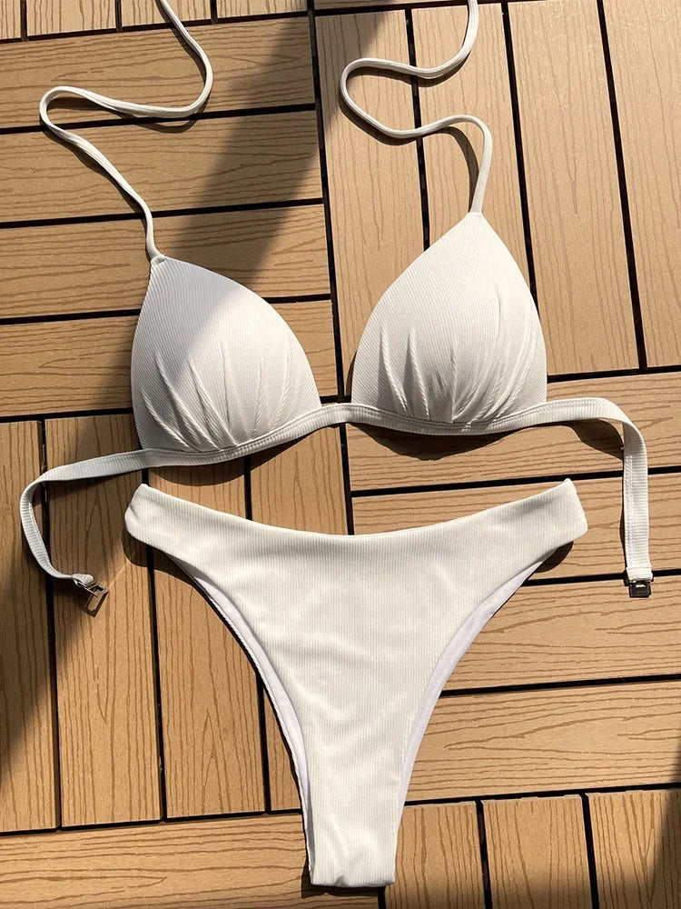 Halter Bra Cup Bikini Swimsuit Female White Swimwear Women Push up Bikini set Brazilian Bathing Suit Bandeau Swim suit