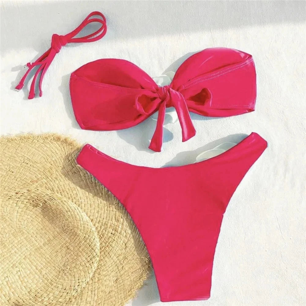 Flower Bandeau Swimwear Thong Bikini Women Lace-up Swimsuits Swimming Bathing Suit Brazilian Bikinis Set