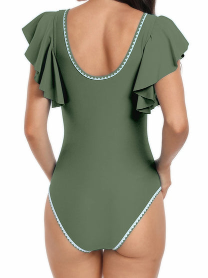 One Piece Ruffle Bodysuit Women Solid Deep V-Neck Swimwear Female Padded Swimsuit Bathing Swimming Summer Beachwear