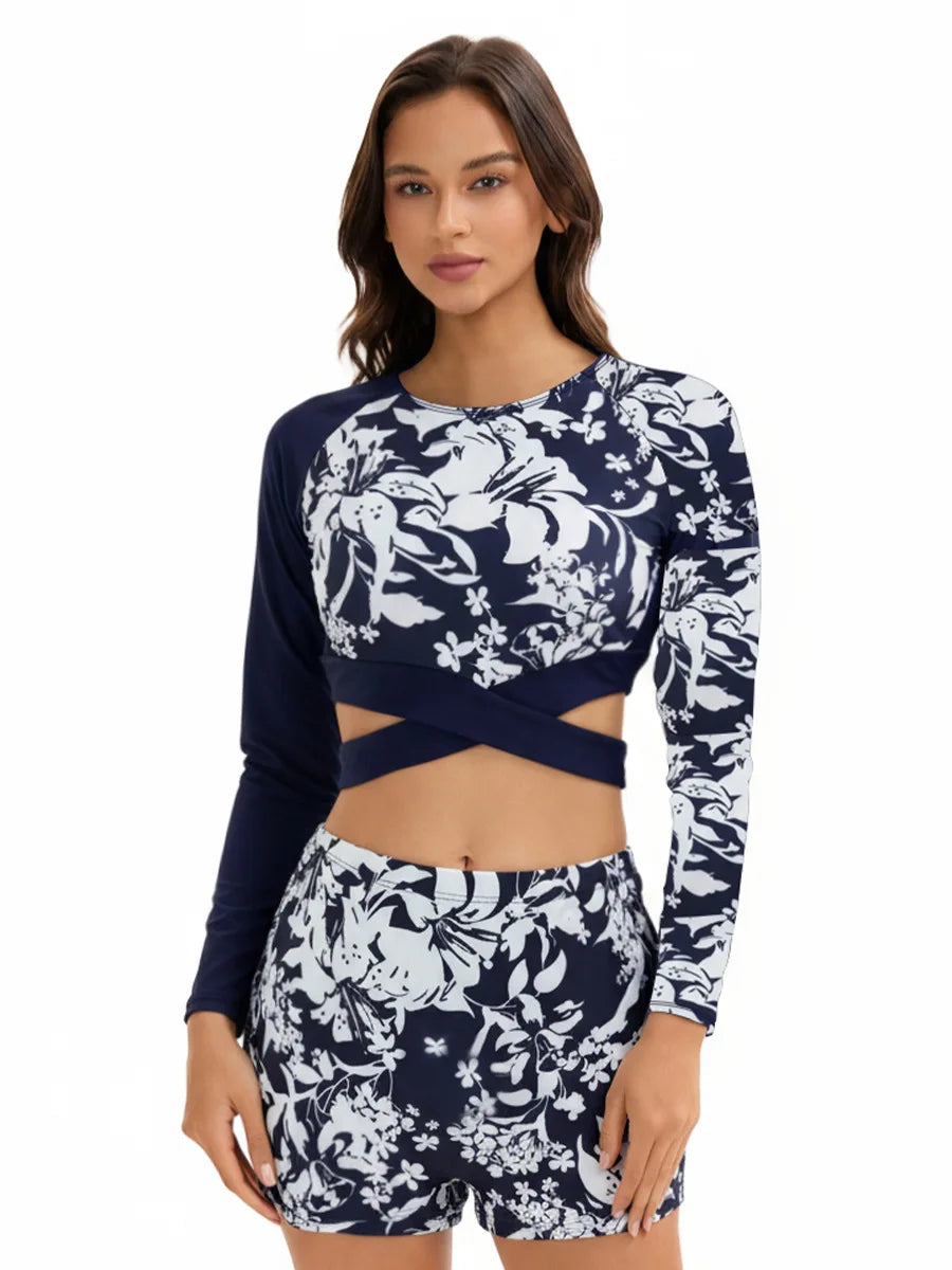Long-Sleeve Two-Piece Rash Guard Swimsuit for Women, Printed, Conservative, Sun-Protective Surf Suit, High-Waist