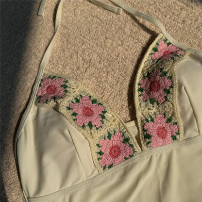 Flowers Printed V Neck Halter Bikini Female Swimsuit Women Swimwear Two-pieces Bikini set Padded Bather Bathing Suit Swim