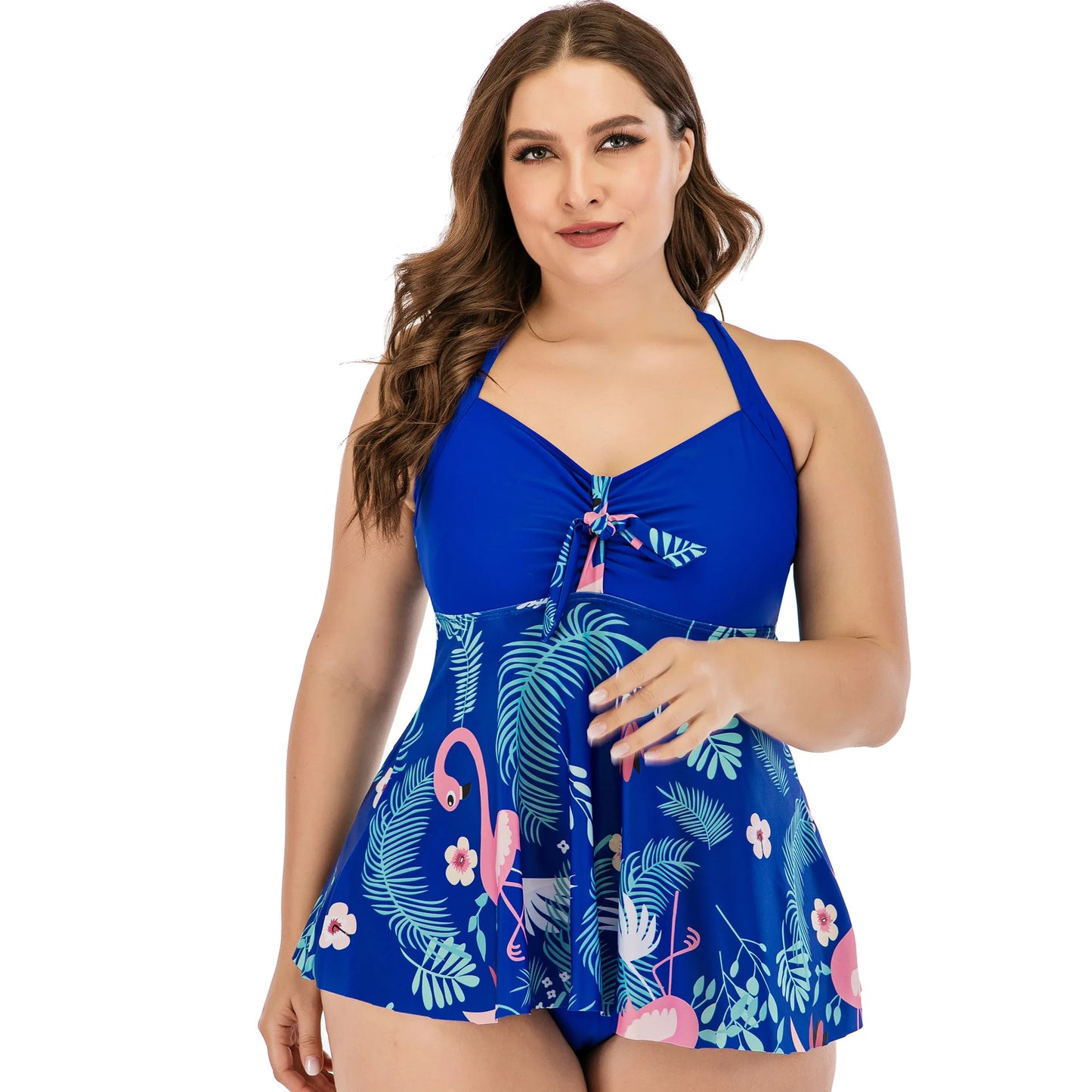 Flaming Tropical Print 2 Piece Plus Size Tankini Set Women Halter Curvy Dress Swimsuit High Waist Beach Lady Big Bathing Suit