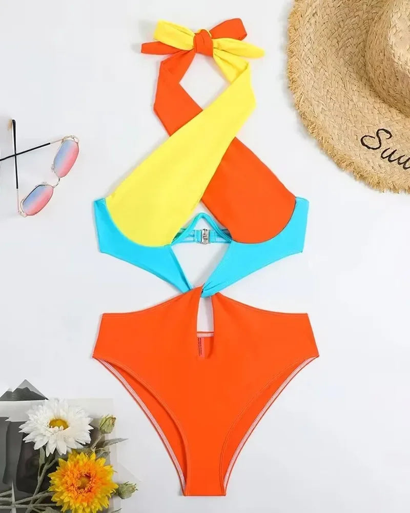 Orange Patchwork One Piece Swimwear Women Halter Cross Underwire Hollow Out Backless Bathing Suit Holiday Swimsuit