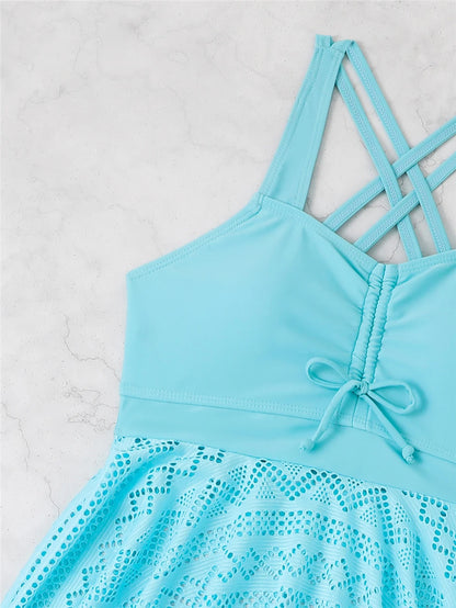 2 Pieces Front Drawstring Swimwear Women Hollow Out Swimsuit Beach Skirt Solid Tankini Female Bathers Swimming Beach Wear