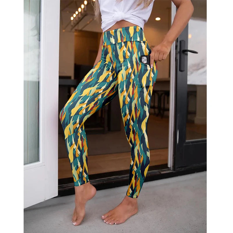 High Waist Women's Fitness Leggings 3D Digital Print Sexy Pocket Elastic Pants Fashionable Gym Trousers