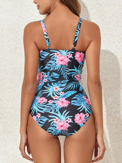 Women Swimsuit One Piece Cross Floral Printed Swimwear Female Swimming Suit Beachwear