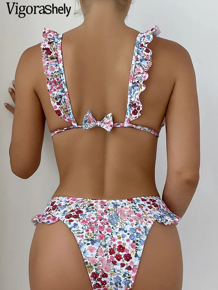 Floral Print Verge Strapped Bikini Set Tied Push UP Swimsuit High Waist Swimwear Women Backless Beach Bathing Suit