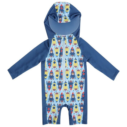 Girls Boys Long Sleeve Rash Guard One Piece Cartoon Swimsuits for Kids Zipper Bathing Suit with Sun Hat Quick-Dry Surfing Suit