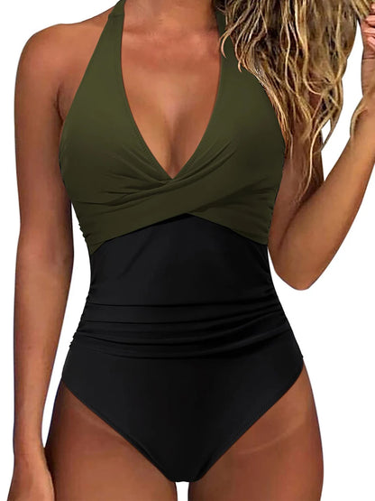 Halter Swimsuit Women One Piece Printed Cross Smocked Swimwear Female Bodysuit Bathing Swimming Suit Padded Beachwear