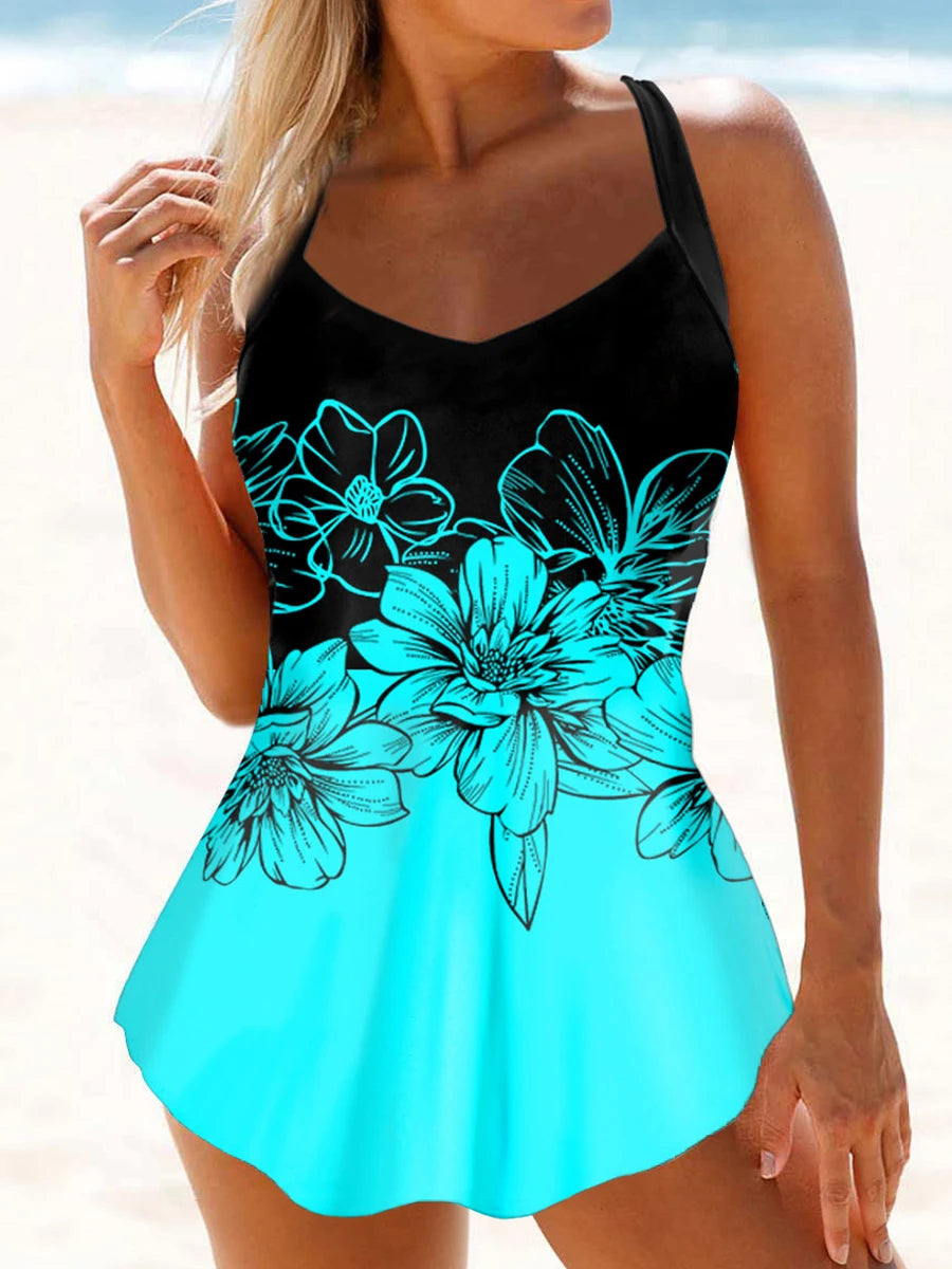 Floral Printed Tankini Two Piece Swimsuit Women Strap Swimwear Female Sports Summer Shorts Bathing Swimming Suit Beachwear