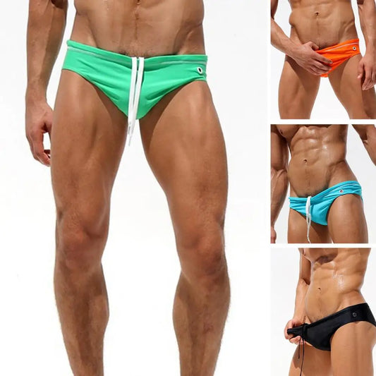 Swimming Trunks Solid Color Mid Waist Male Swim Briefs Lace-up Sweat-wicking Men Beachwear Swimwear