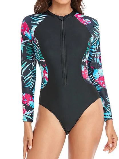 Surf Long Sleeve Swimsuit Rash Guard Swimwear Women Zipper One Piece Diving Clothes Leaves Printed Bathing Swimming Suit