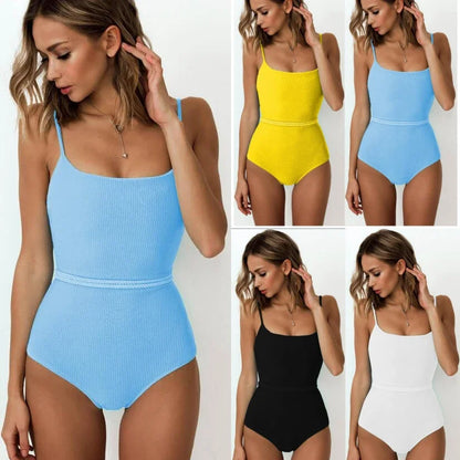 4 Colors One Piece Swimsuit Swimwear Women Solid Special Fabric Bathing Suit Beachwear with Waistband