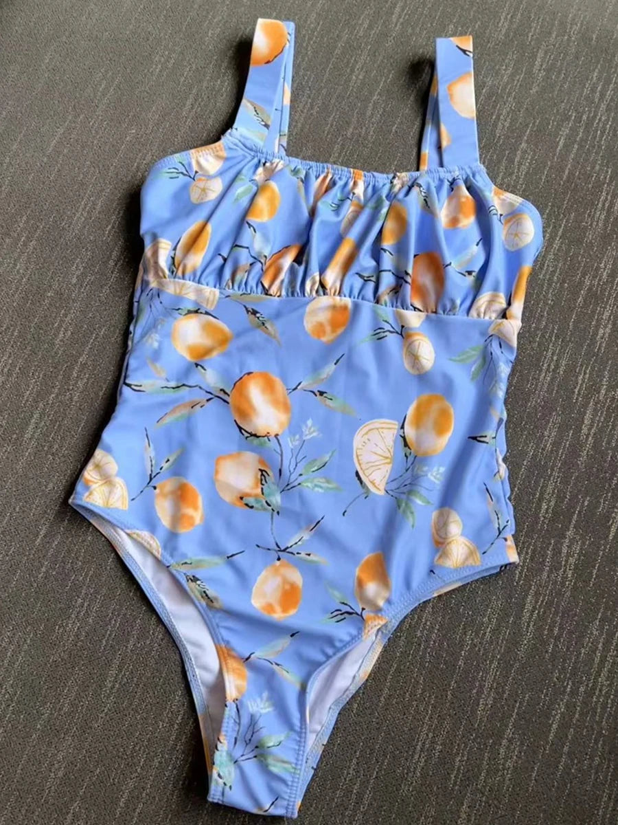 Pleated Front Swimsuit One Piece Printed Swimwear Women Bodysuit Lady Bathers Bathing Swimming Swim Beachwear Summer