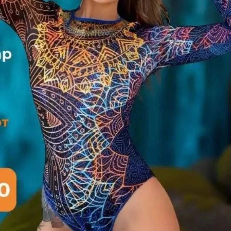 Rash Guard Women's Printed Long Sleeved Swimsuit with Cup Cover Sun Protection Mesh Fabric One-piece Swimsuit Bathers