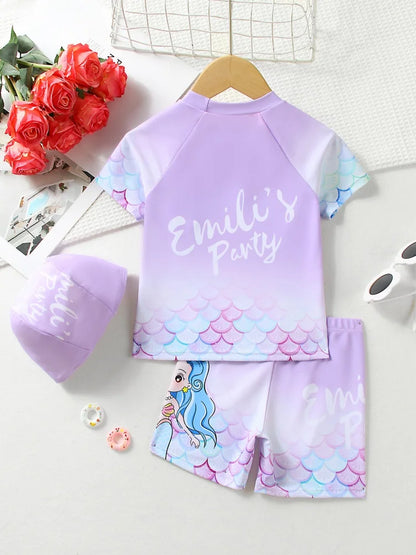 Girls Kids Swimsuit Purple Mermaid Short Sleeve Children Swimwear Summer 2 Piece Shorts Beachwear Bathing Suit Swimming