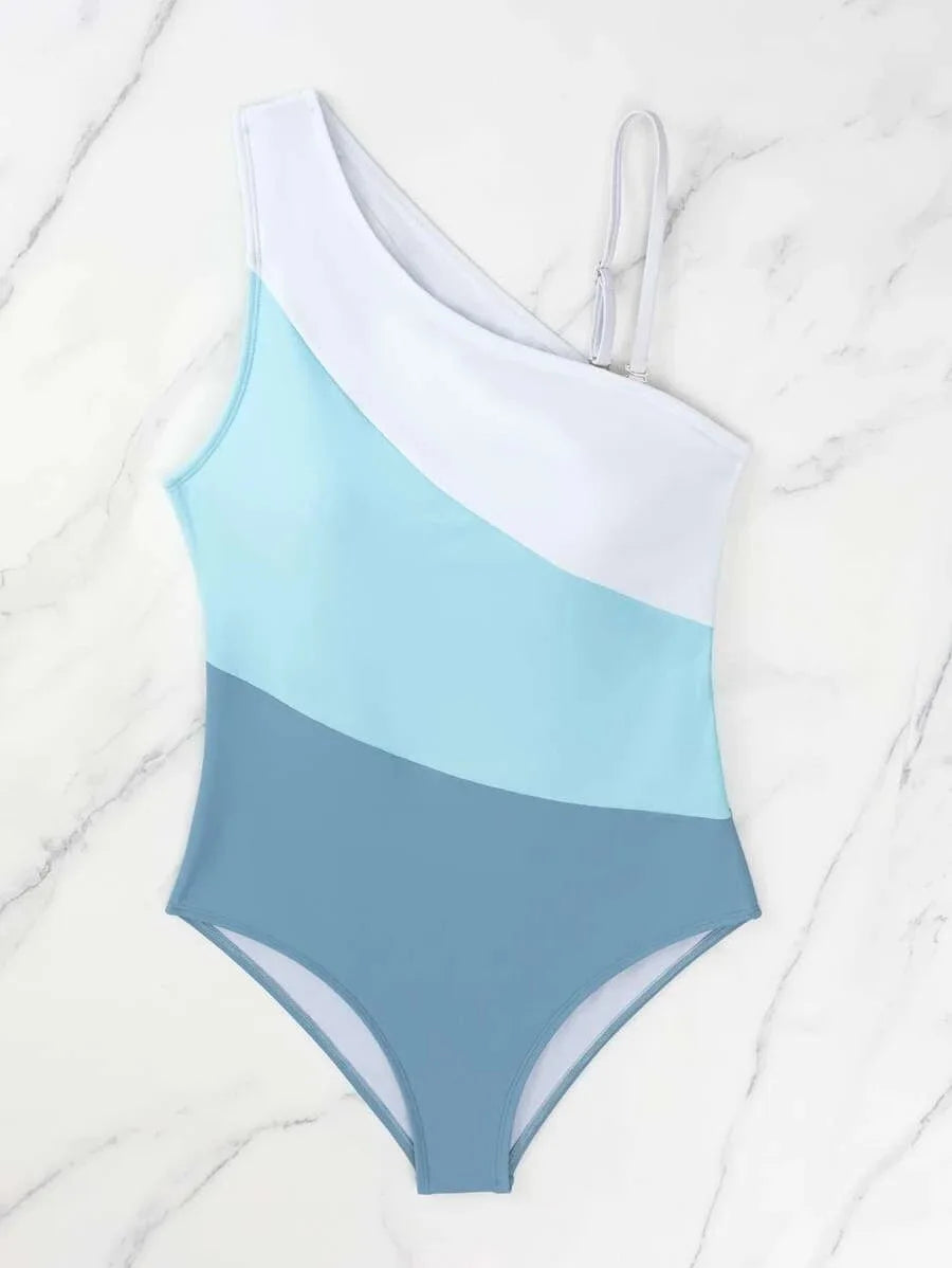 Colorblock Cut Out One Shoulder Swimsuit One Piece Swimwear Women Bather Bathing Swimming Swim Suit Female Beachwear