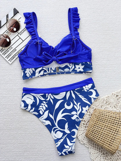 Blue Floral Patchwork Design Bikini Women High Waist Push UP Swimsuit Summer Backless Swimwear Summer Beach Lady Bathing Suit