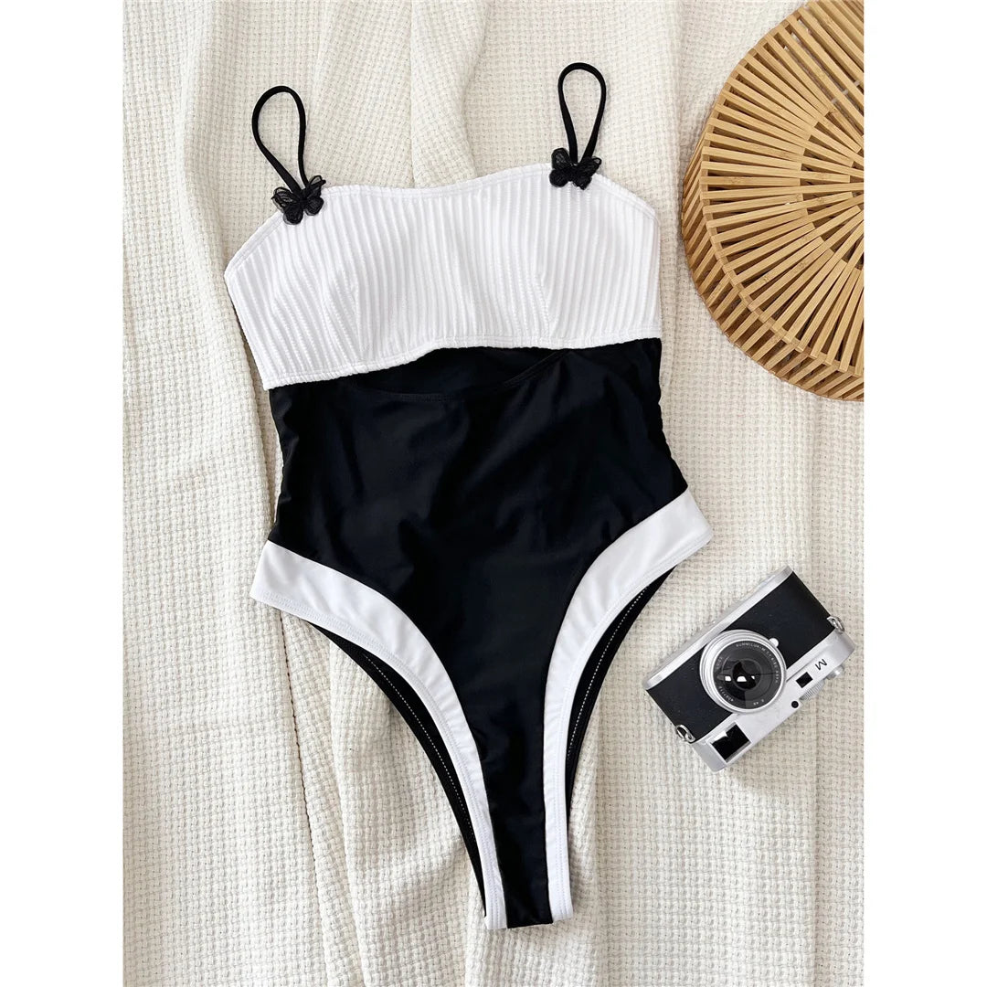 Splicing Cut Out Ribbed One Piece Swimsuit Women Swimwear Female High Leg Cut Padded Bather Bathing Suit Swim