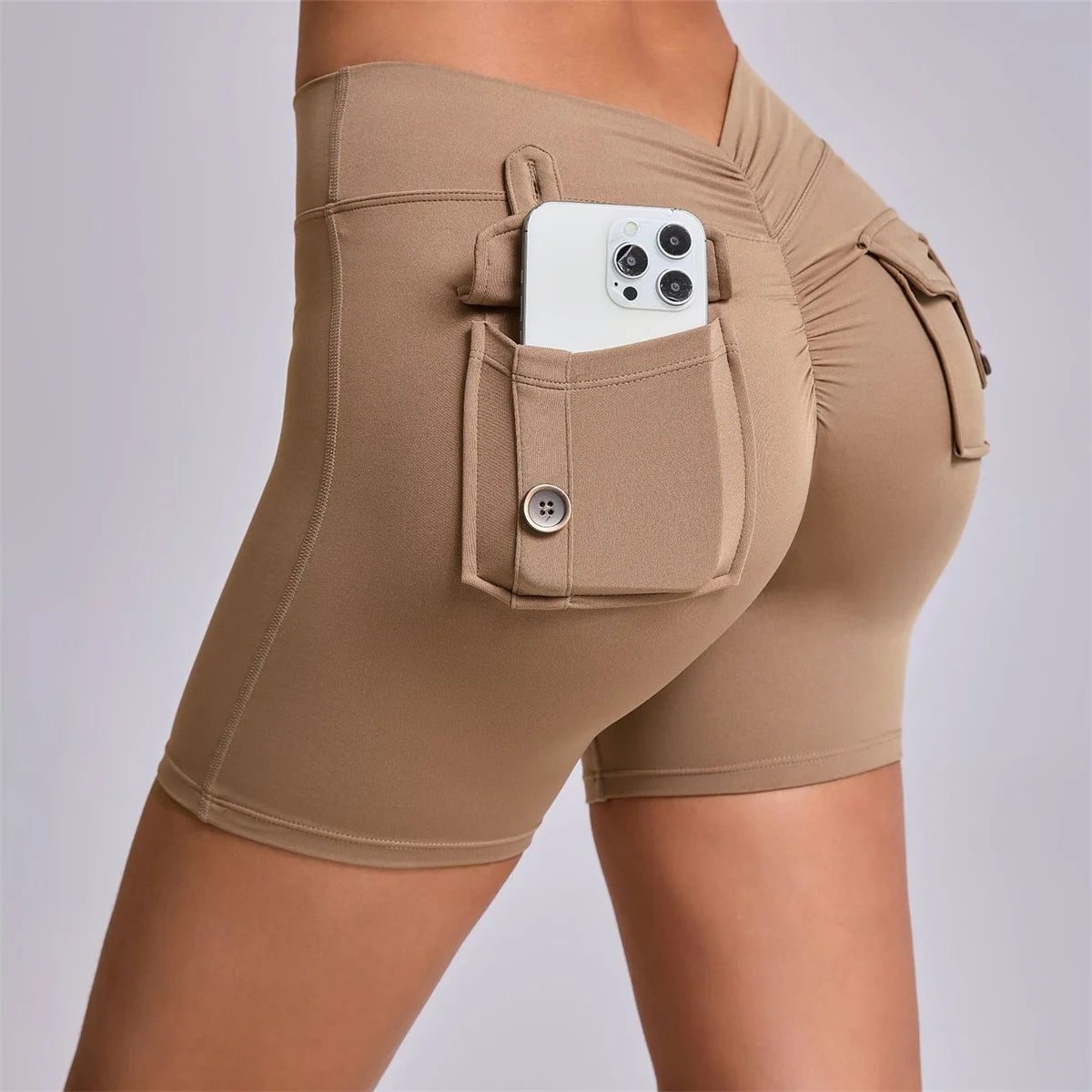 Deep V Back Yoga Shorts Women Pocket Scrunched Butt Gym Leggings High Waist Push Up Tights Booty Sports Shorts Fitness