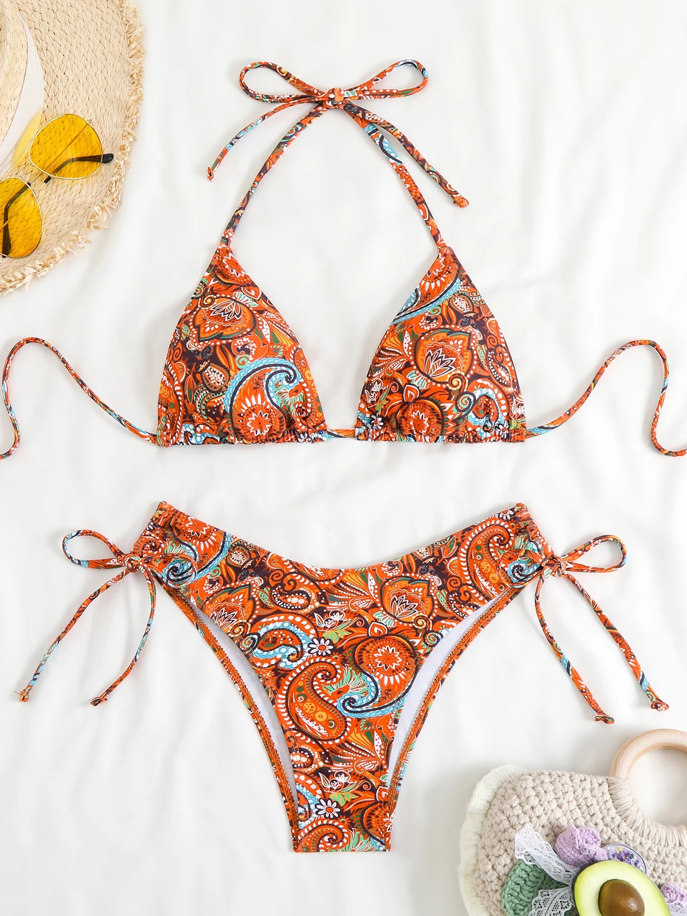 Halter Triangle Bikinis Printed Swimsuit Women String Swimwear Female Bathers Swimming Bathing Swimming Swim Suit