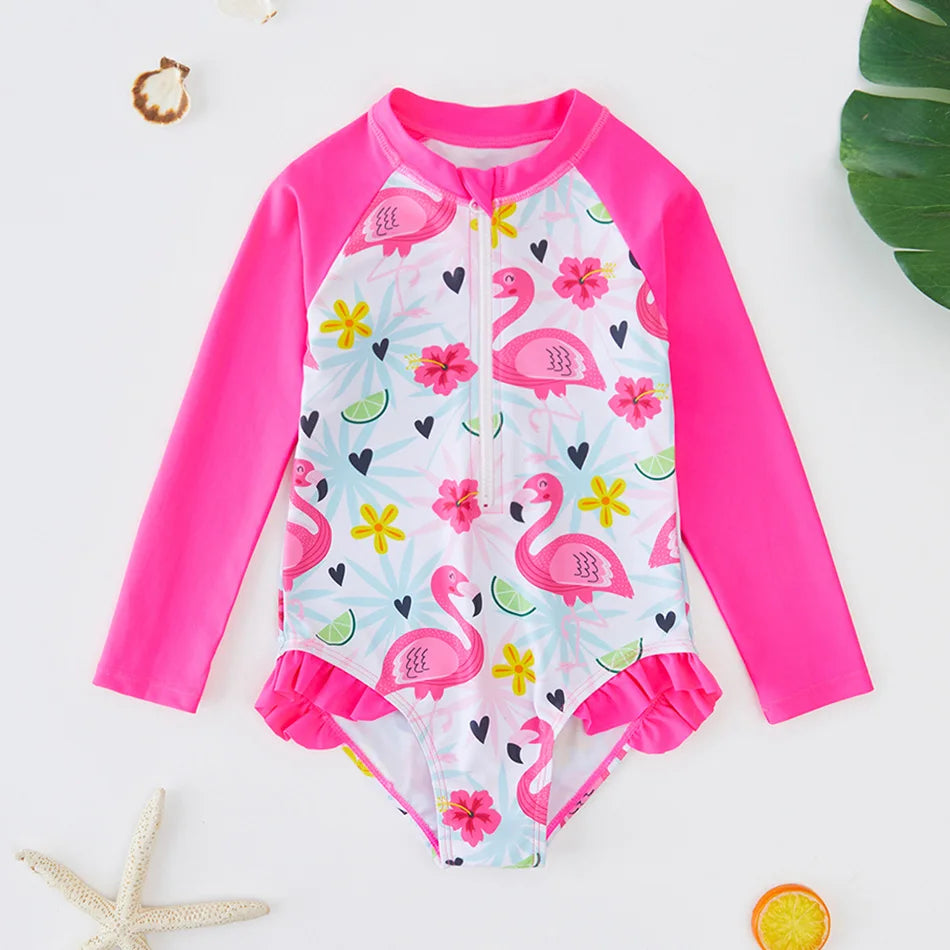 Girls Swimsuit Long Sleeves One Piece Swimwear for Kids Toddler Leopard UPF50+ Rash Guards Infant Bathing Suit
