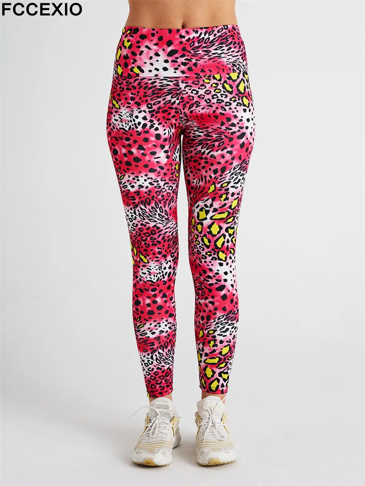 FCCEXIO Pink Leopard 3D Print Women Pants Push Up Running Sports Leggings Slim Pants Female Casual Trousers Fitness Leggings