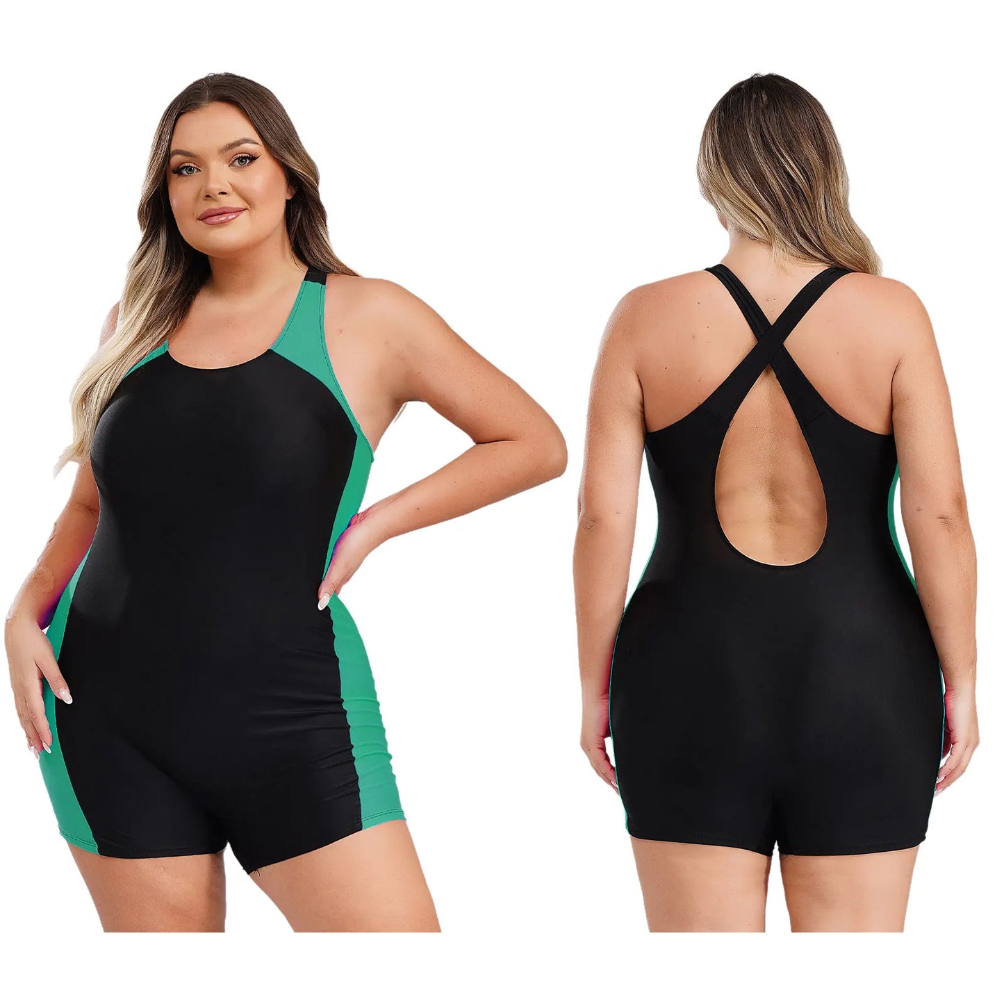 Women Swimsuit Plus Size One-piece Swimwear Swimming Jumpsuit U Neck Big Size Short Jumpsuit Bodysuit Pool Swimming Bathing Suit