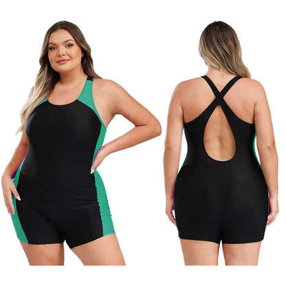 Women Swimsuit Plus Size One-piece Swimwear Swimming Jumpsuit U Neck Big Size Short Jumpsuit Bodysuit Pool Swimming Bathing Suit