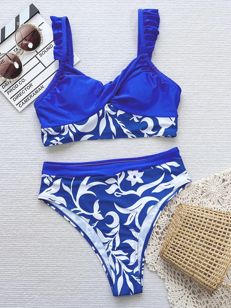 Blue Floral Patchwork Design Bikini Women High Waist Push UP Swimsuit Summer Backless Swimwear Summer Beach Lady Bathing Suit