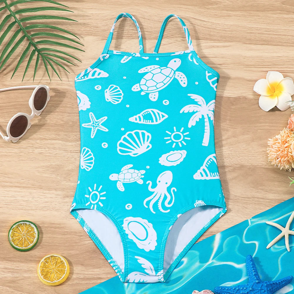Girls' One-Piece Swimsuit Athletic Style Bathing Suits Kids Summer Beach Vacation Swimwear Print Swimming Costume