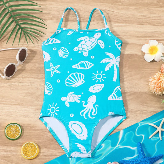 Girls' One-Piece Swimsuit Athletic Style Bathing Suits Kids Summer Beach Vacation Swimwear Print Swimming Costume