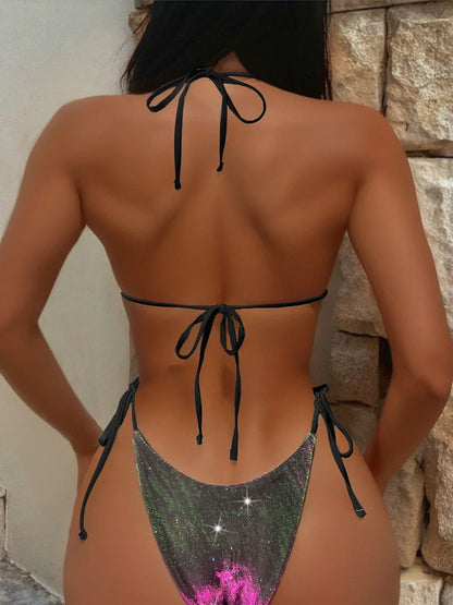 Shiny Gradient Purple Halter Strappy Bikini Female Swimsuit Women Swimwear Two-pieces Bikini Set Bather Bathing Suit Swim Lady