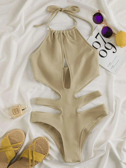 Neon Colours Halter Women Swimwear One Piece Swimsuit Female Hollow Out Monokini Bather Bathing Suit Summer Beach Wear Bodysuit