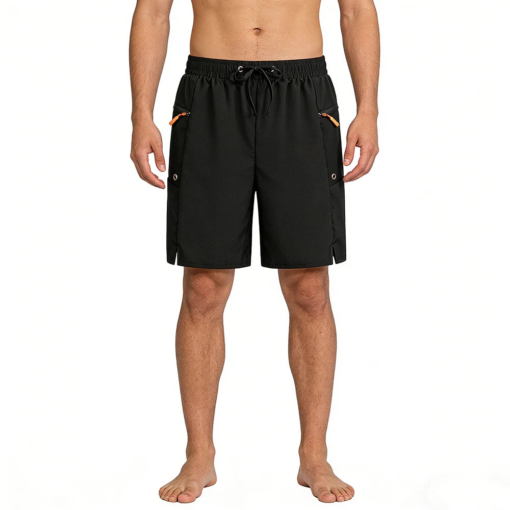 Men's Summer Black Quick Dry Casual Gym Shorts Elastic Waist Side Security Zippered Pocket Versatile for Running Fitness Hiking