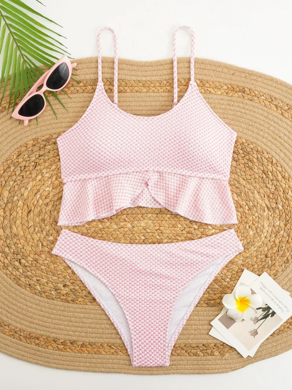 Strappy Ruffle Bikinis Solid Triangle Swimsuit Gingham Printed Swimwear Female Bathers Bathing Swimming Suit Beachwear