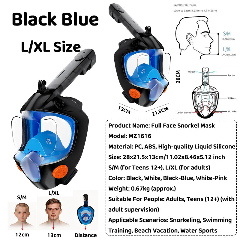 Full Face Snorkel Mask - Dry Snorkel , Anti-Fog , Leak-Proof  Panoramic View Swimming Diving Beach Water Sports for Adults Teens
