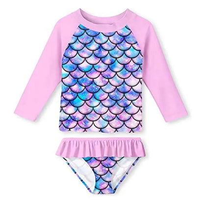 Children's Mermaid Split Bathing Suit Baby Girl Fish Scale 3D Printing Sunblock Swimsuit Kids Long Sleeves Top+Bikini 2Pcs Set