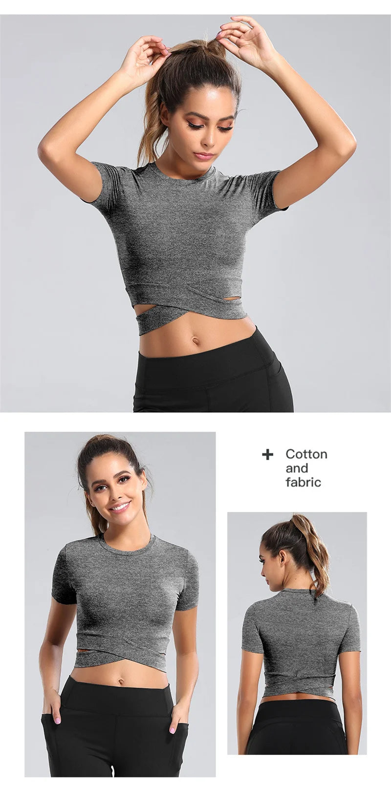 Aiithuug Waist Yoga Short Sleeve Crisscross Waist Breathable Gym Shirts Sports Tops Workout Fitness Crop Top Yoga Top