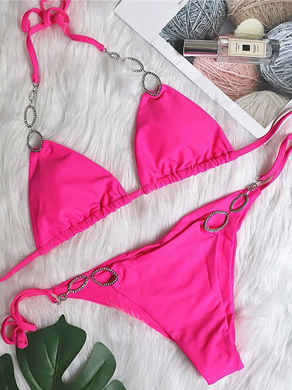 Halter Diamond Bikini Women Swimsuit Female Metal Chains Swimwear Two Pieces Bikini set Brazilian Bather Bathing Suit Swim